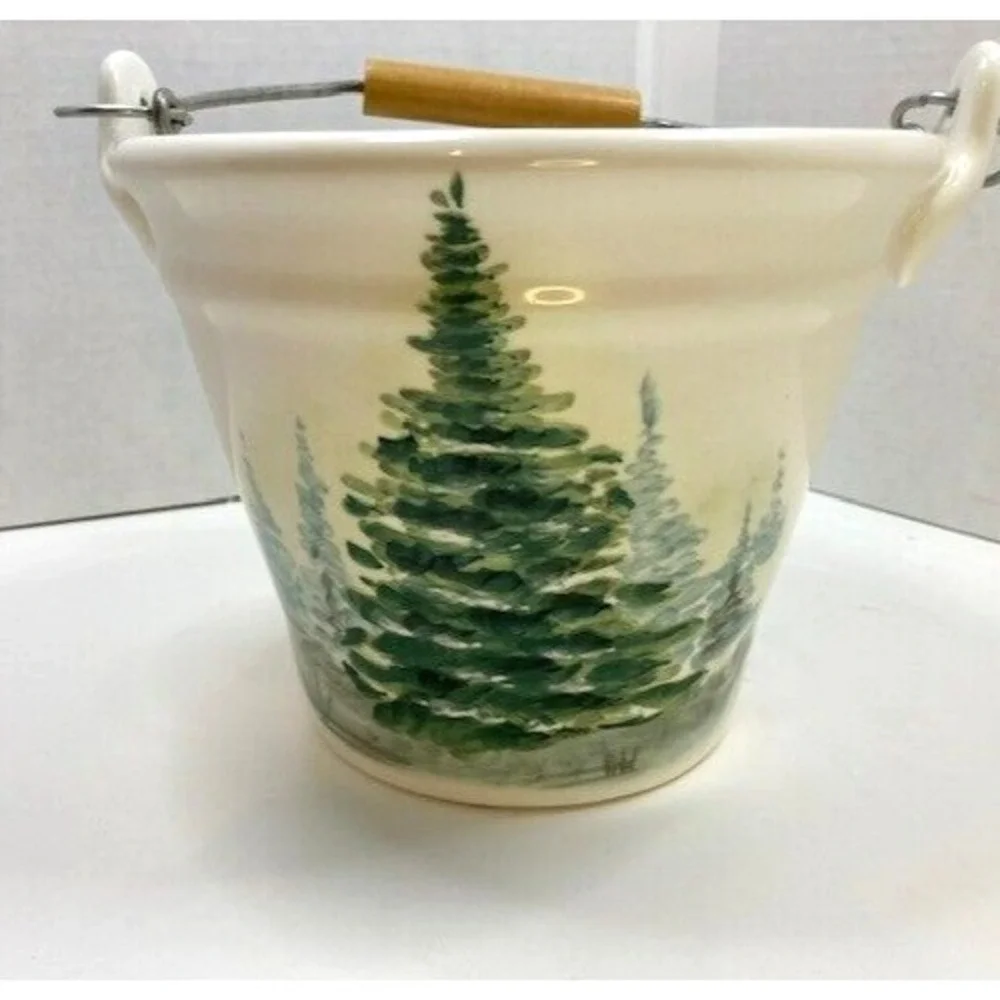 Maxcera Christmas Evergreen Tree Ceramic Bucket with‎ Wood Handle 6 inch